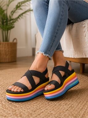 RocketDog Ladies Black Strappy Platform Sandals with Rainbow Sole